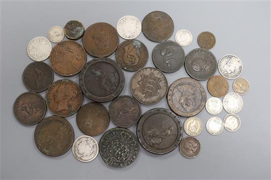 A States of Jersey one thirteenth of a shilling 1861 VF, an Isle of Man halfpenny 1839 GVF and other 18th/19th century coins